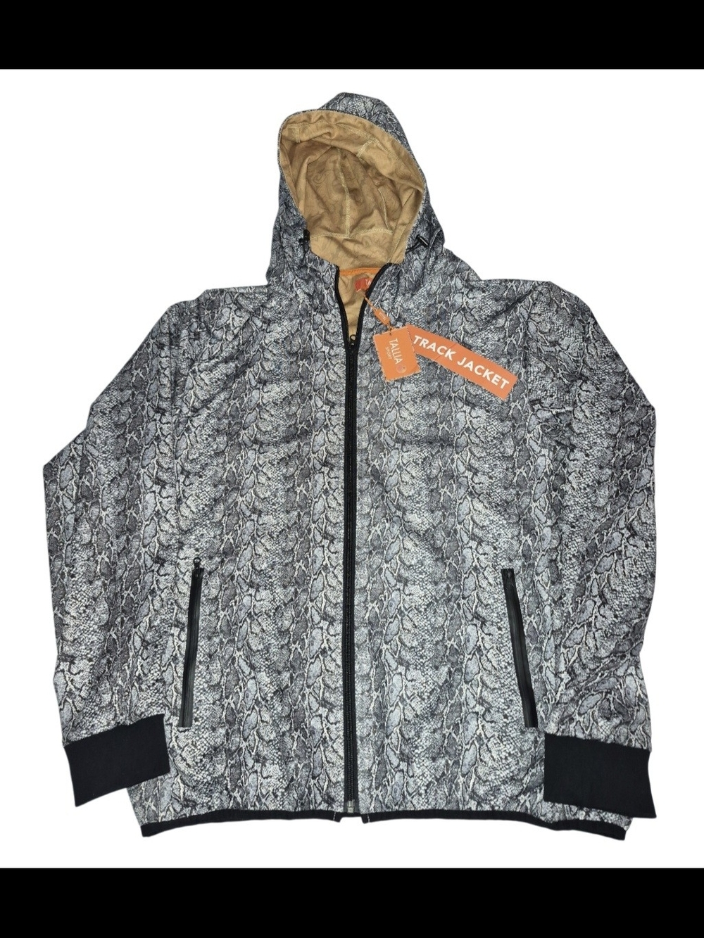 TALLIA Gray and Black Snake-Print Track Jacket with Tan Hood